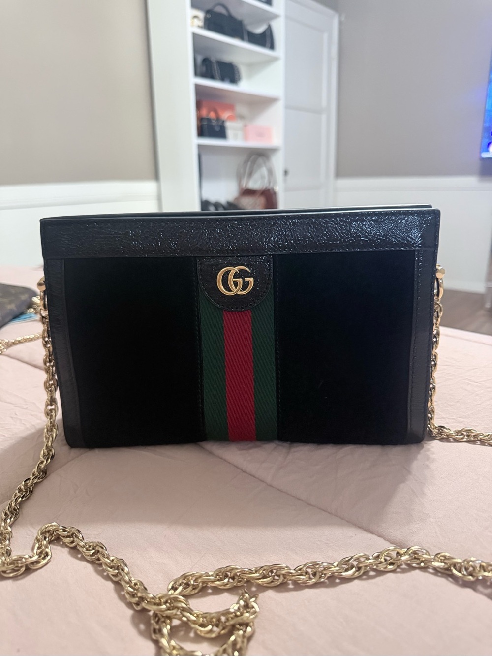 Gucci Black Velvet Crossbody with Green and Red Web Stripe and Gold Chain